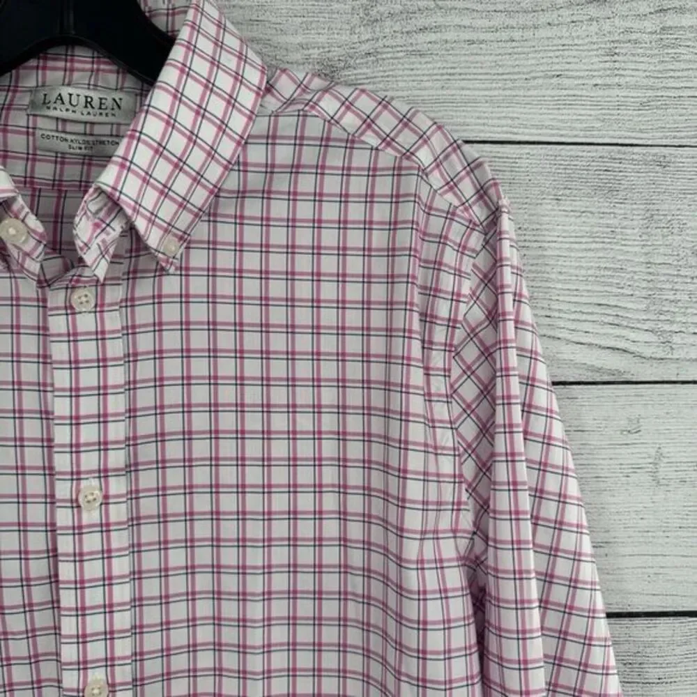 Lauren Ralph Lauren‎ Shirt Mens Med 15-34/35 Plaid Slim Fit Performance Stretch